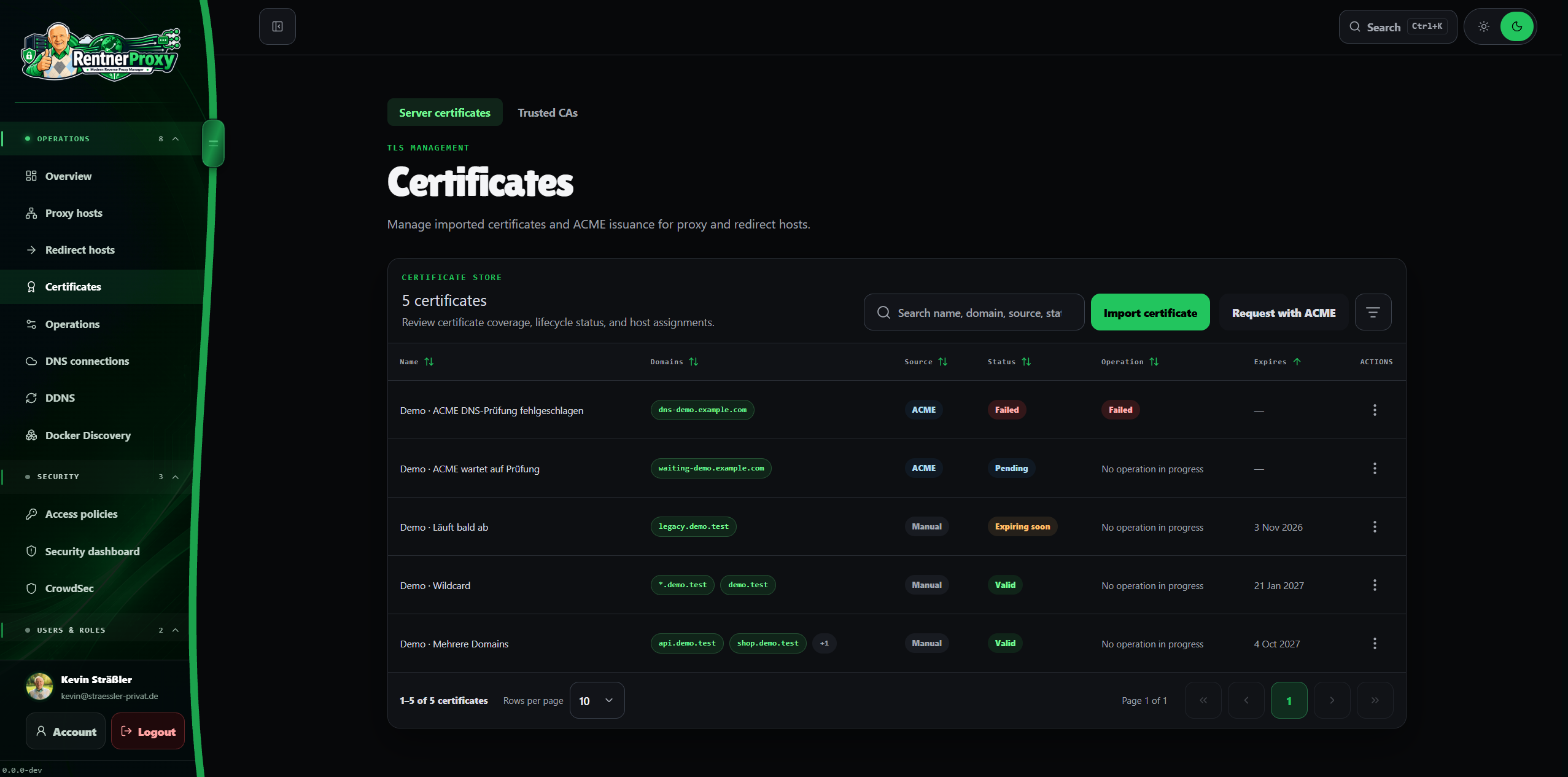 Certificate management in dark mode with ACME operations, imported certificates and expiry status.