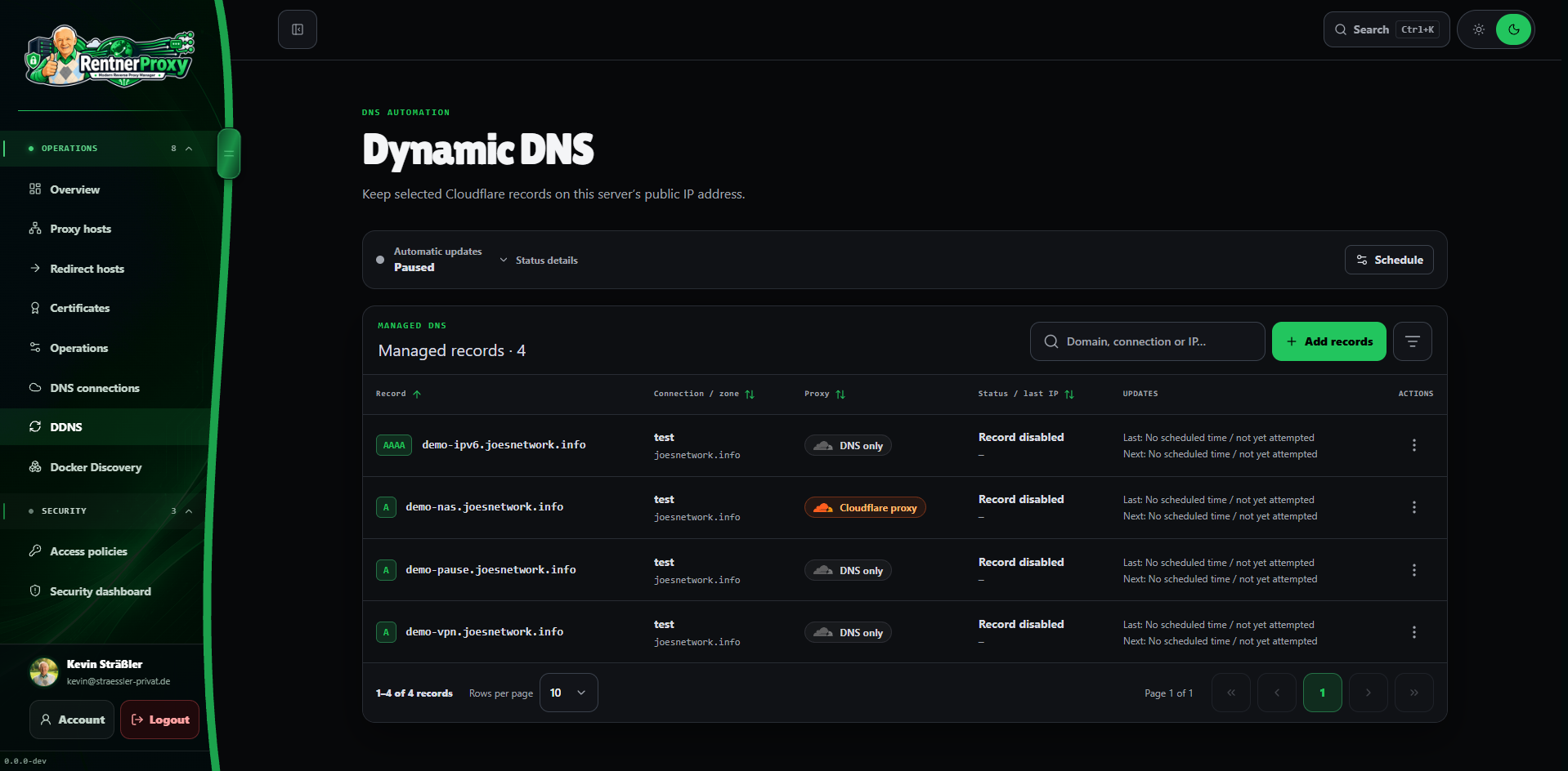 DDNS management in dark mode with Cloudflare A and AAAA records, proxy status and paused automatic updates.
