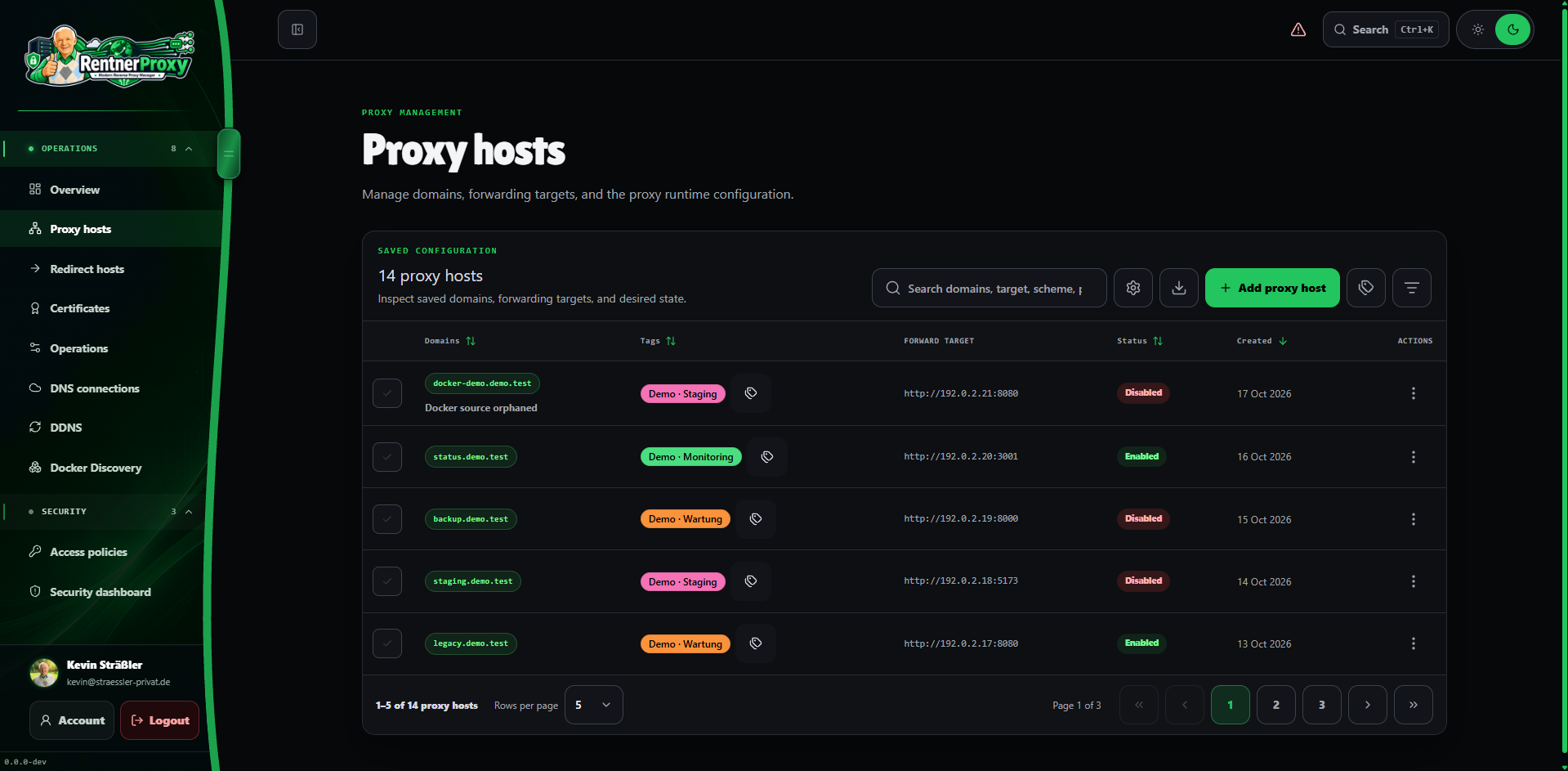 Proxy hosts in dark mode with tags, groups, example domains and bulk selection.